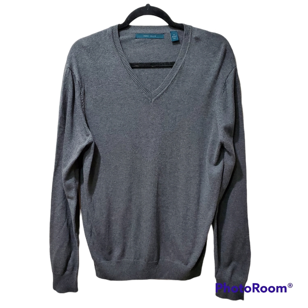 *Perry Ellis Gray Charcoal V-Neck Classic Sweater Size Medium Preppy Academia